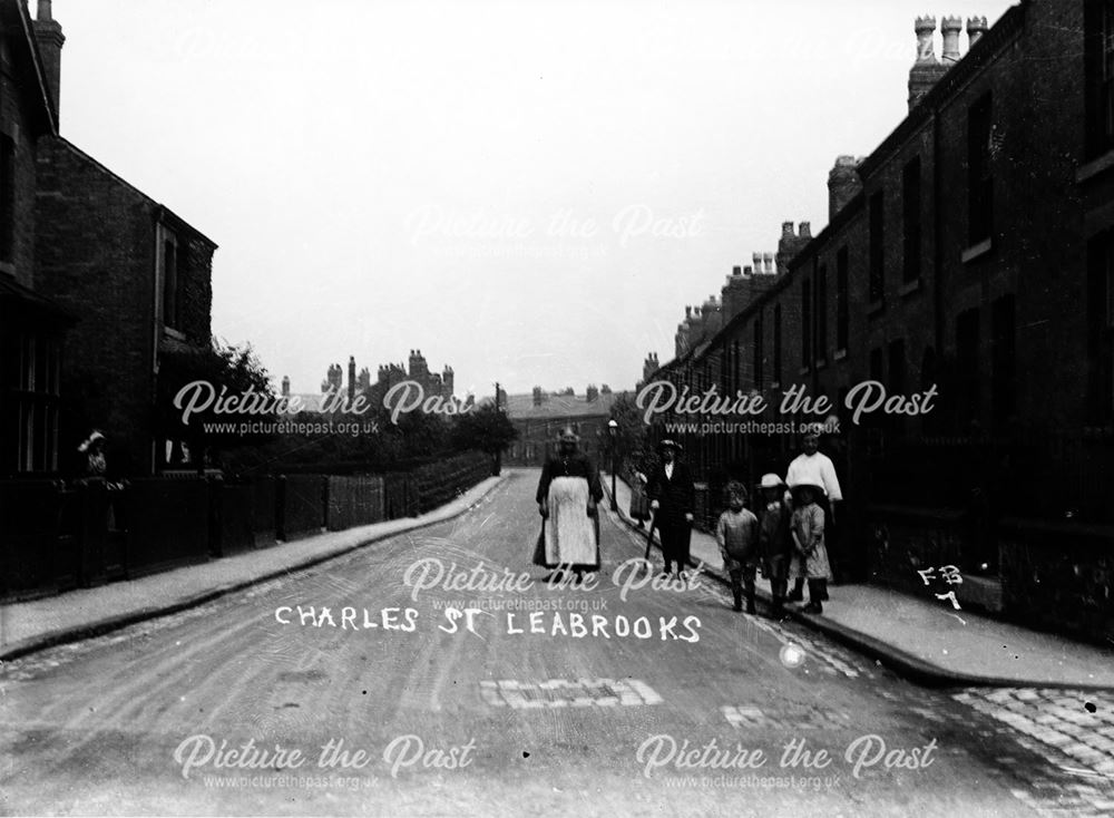 Street scene with Mrs Cope, Charles Street, Leabrooks, c 1910-25