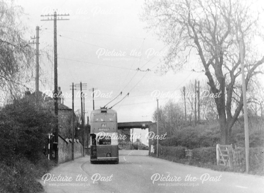 Trolley Bus near Iron Bridge, Nottingham Road, Ripley, 1952