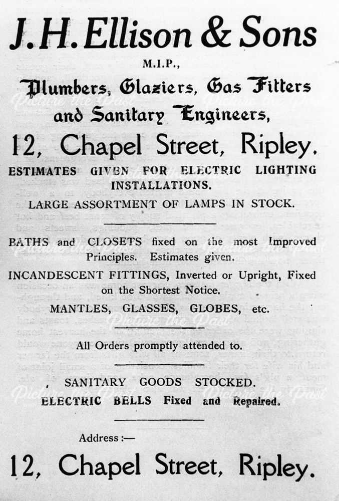 Advertisement for J H Ellison and Sons Plumbers and Electricians, Ripley 1927