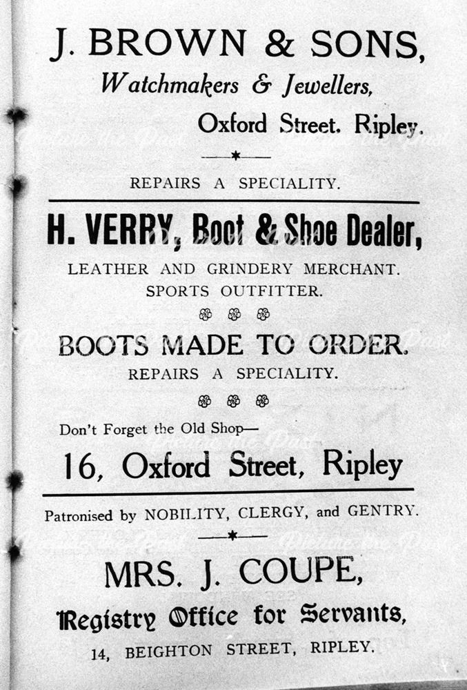 Advertisement for J Brown, jewellers and H Verry, boot and shoe dealer, Riipley 1927