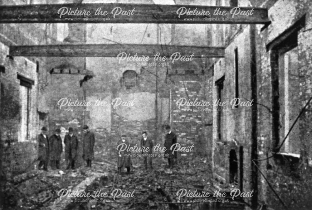 Interior of  Riddings National Schools after fire, Riddings, 1905