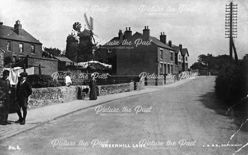 Street scene showing windmills, Greenhill Lane, Riddings, c 1900