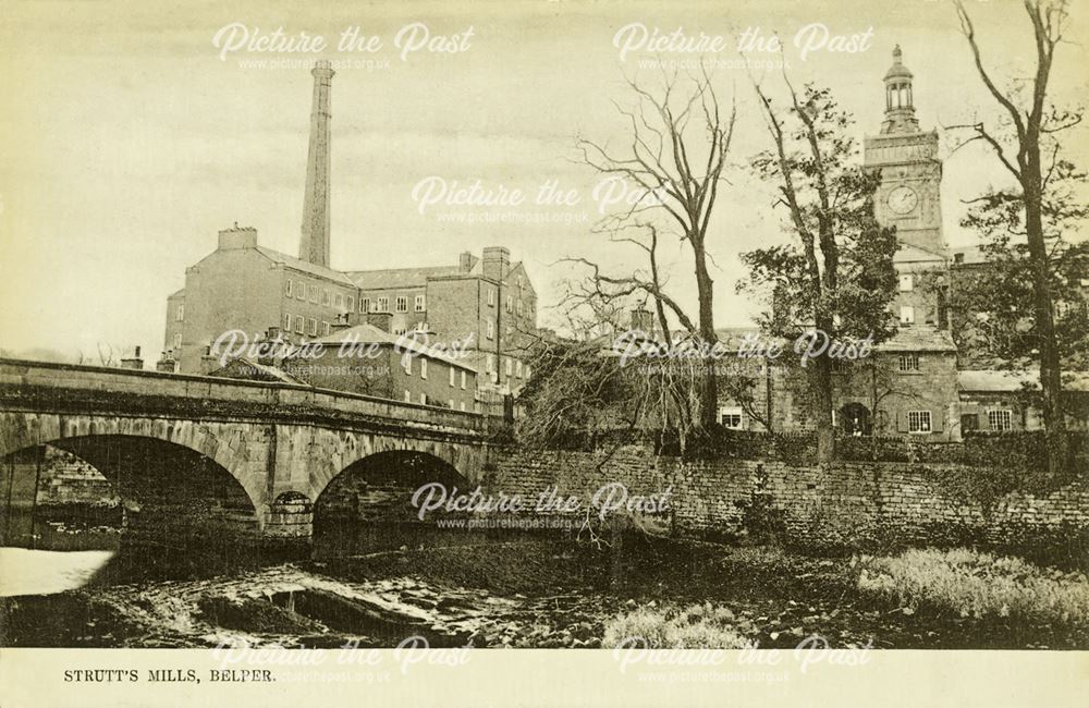 View of Strutt's Mills and Belper Bridge over the River Derwent, c 1900
