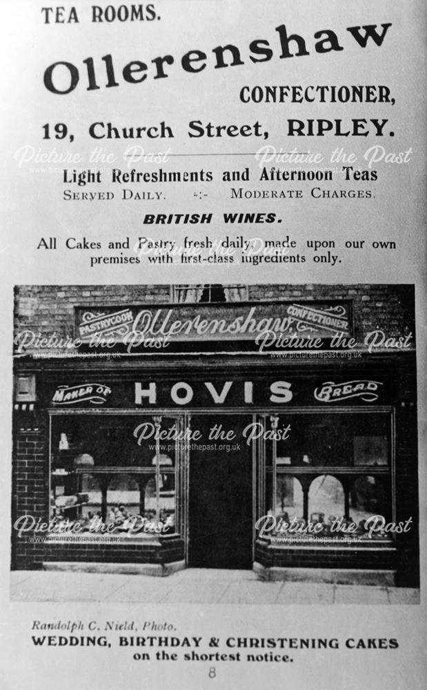 Advert, Ollerenshaw Confectioner and Tea Rooms, 15 Church Street, Ripley