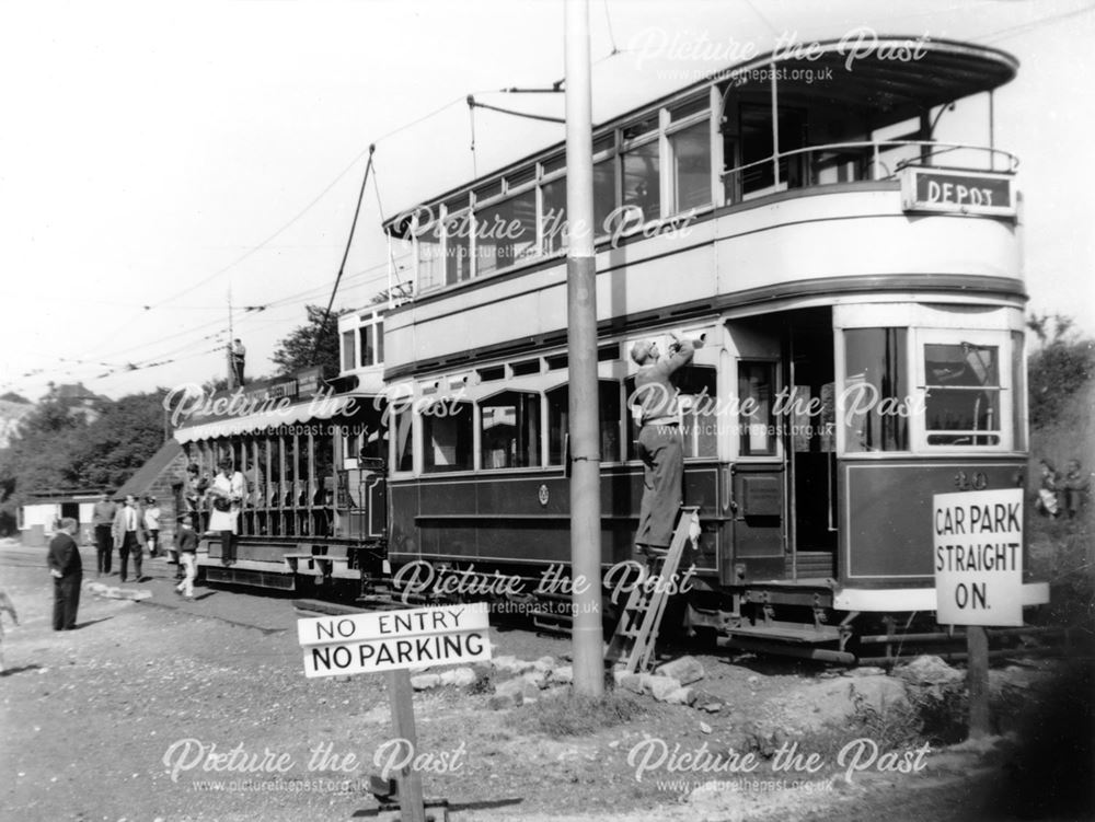 Tram and open sided trolley, Tramway Museum, Crich, c 1960