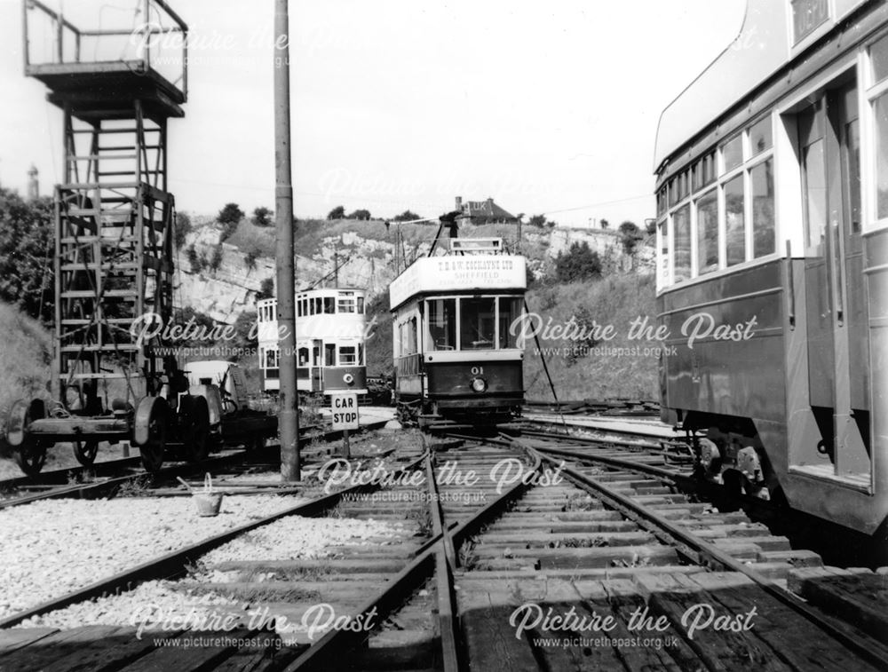 Two trams with quarry is distance, Tramway Museum, Crich, c 1960