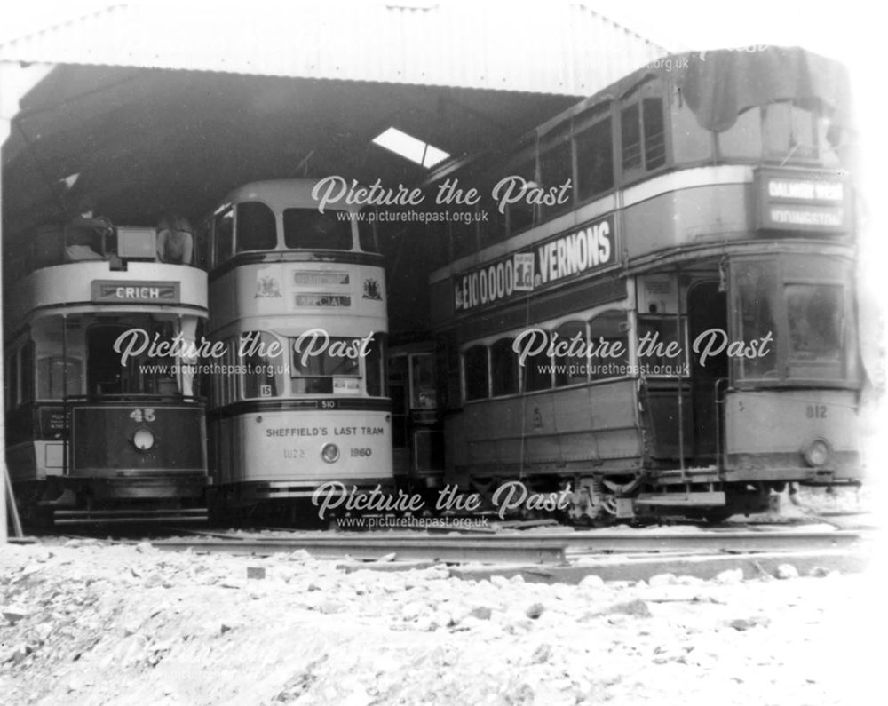 Trams in the sheds, Tramway Museum, Crich, c 1960