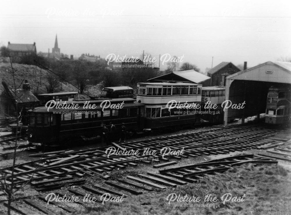 Looking down on the trams, Tramway Museum, Crich, c 1960