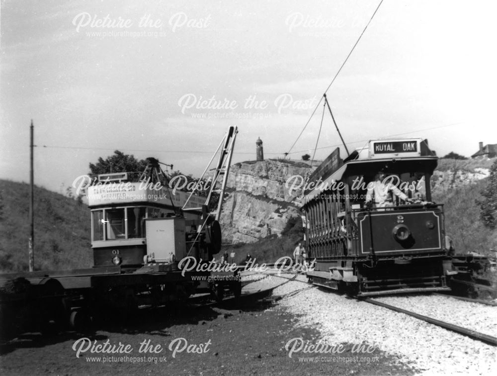 Two trams with quarry in background, Tramway Museum, Crich, c 1960