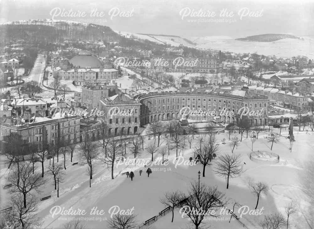 A view of Buxton in the snow, including The Crescent