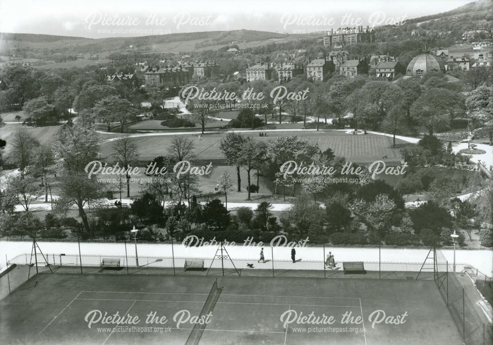 View over tennis courts from roof of Buxton Hydro showing Pavilion Gardens and Empire Hotel