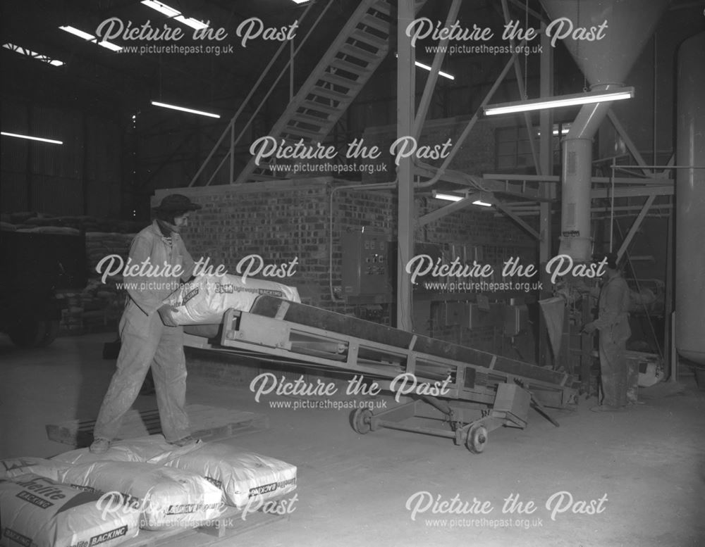 Operative Palletising Bags from Bagging Machine, Lime-Sand Mortar Ltd, Buxton, 1967