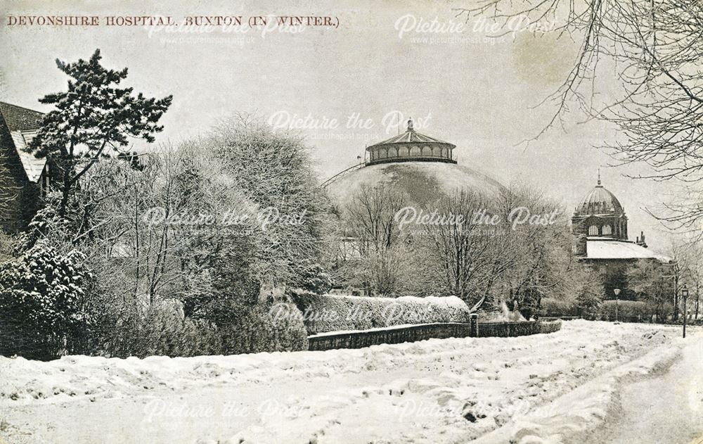 Manchester Road and Devonshire Hospital in snow, Buxton, c 1906