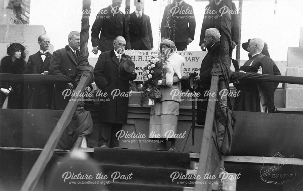 HRH The Princess Mary laying a memorial stone at the Devonshire Hospital, Buxton, 1921