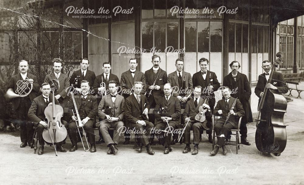 Group of musicians outside The Octagon, Pavilion Gardens, Buxton, c 1920s ?