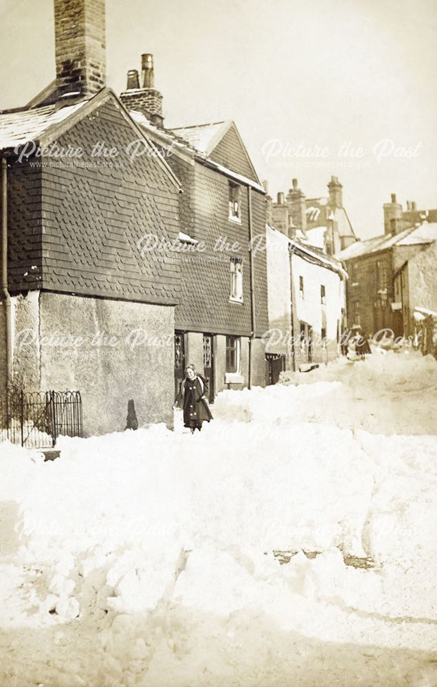 Church Street in snow, Higher Buxton, Buxton, c 1906