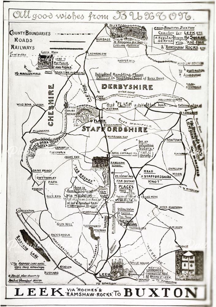 Postcard map showing the road from Buxton to Leek