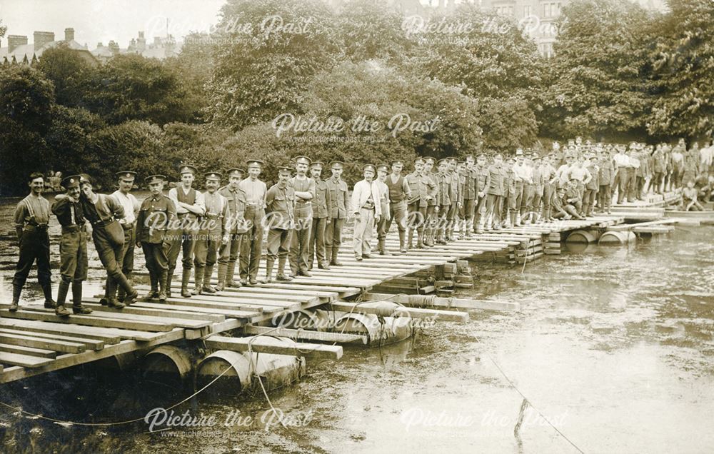 Soldiers and temporary bridge in the Pavilion Gardens, Buxton, c 1914-18 ?