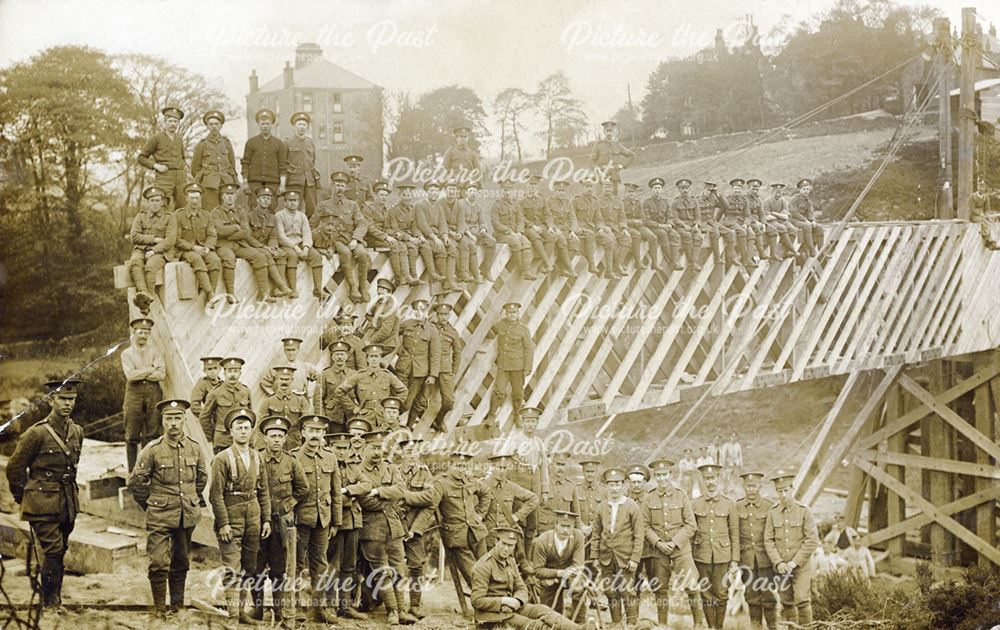 Soldiers and temporary bridge in the Pavilion Gardens, Buxton, c 1914-18 ?