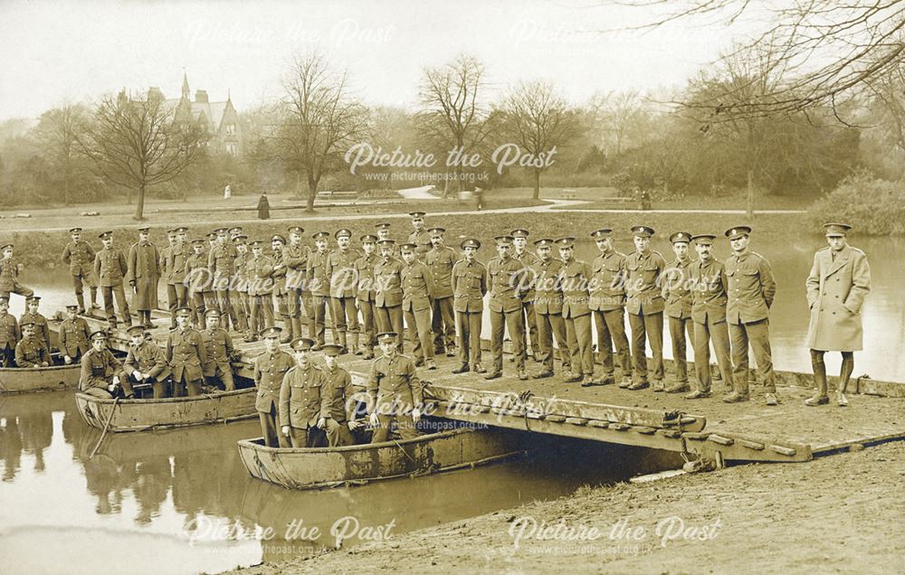 Soldiers and temporary bridge in the Pavilion Gardens, Buxton, 1915 ?