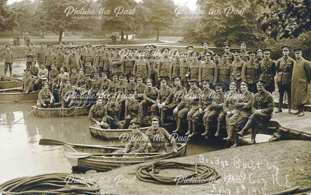 Soldiers and temporary bridge in the Pavilion Gardens, Buxton, 1915