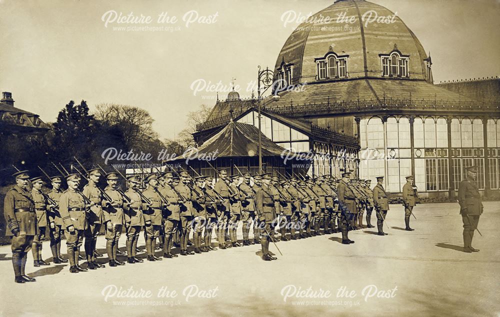 Soldiers on parade in front of The Pavilion, Buxton, c 1914-18 ?