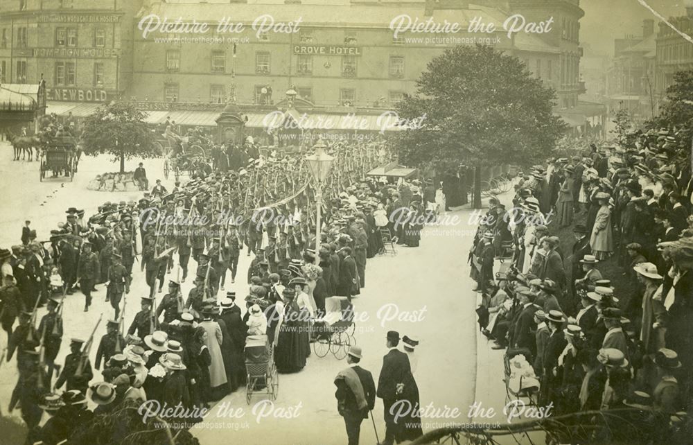 Soldiers marching into The Crescent, Buxton, c 1914-18 ?