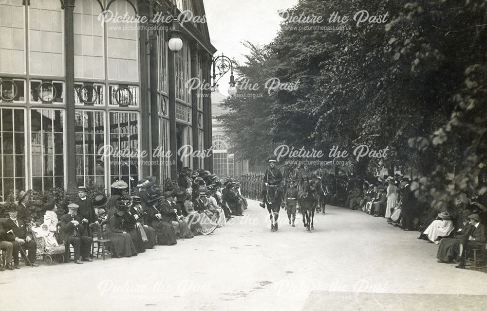 Soldiers marching past The Pavilion, Buxton, c 1914-18 ?