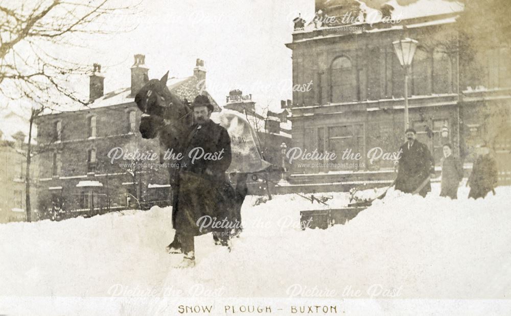 Horse-drawn snow plough on The Slopes, Buxton, c 1907