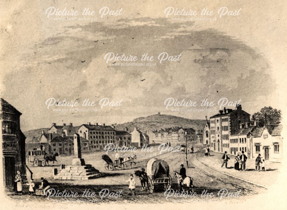 Photo of an engraving of the Market Place with wagons