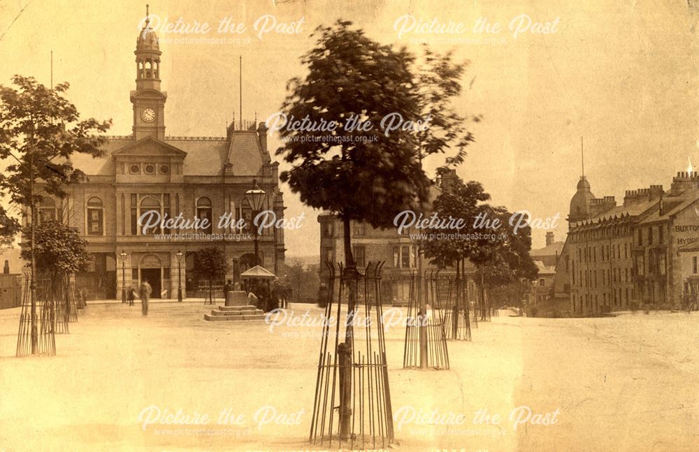 Buxton market place showing cross/ plus peak buildings