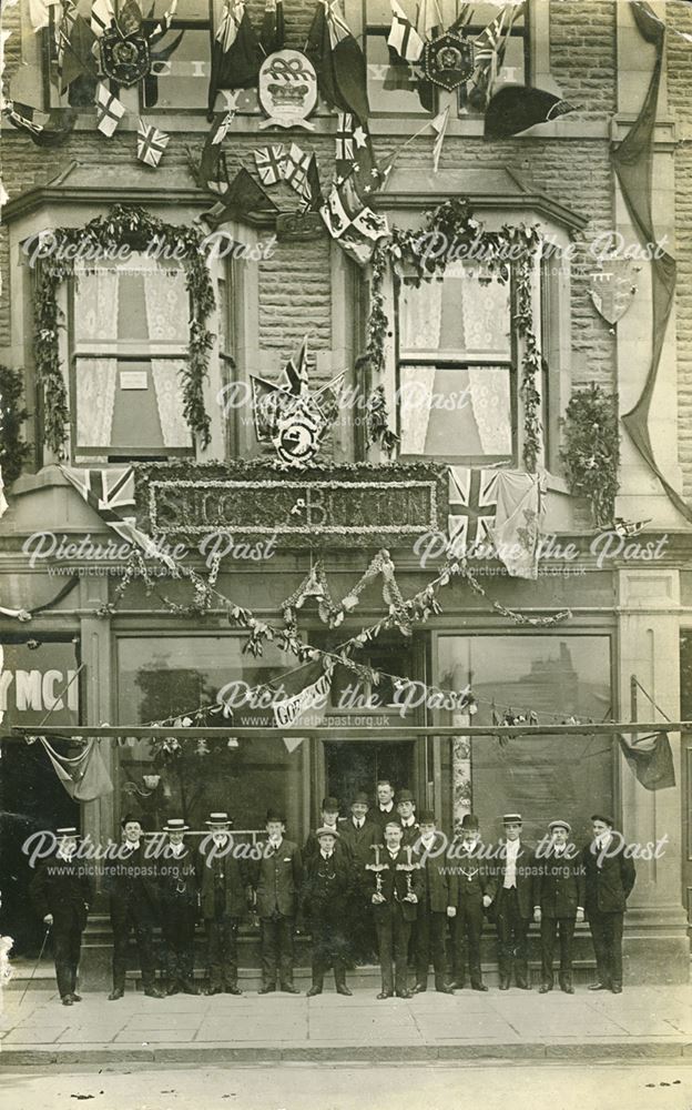 A shop decorated on Eagle Parade for an unknown event, Buxton