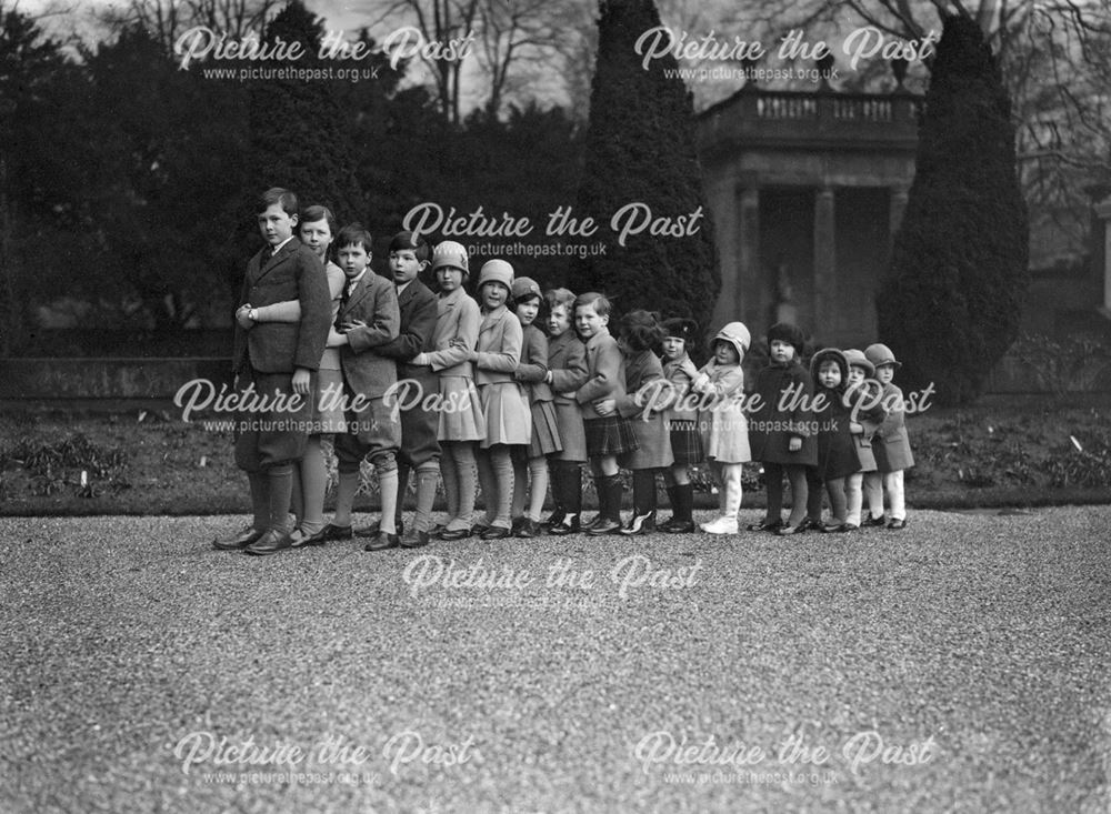 Cavendish family group of 16 grandchildren in the gardens of Chatsworth, Christmas 1929
