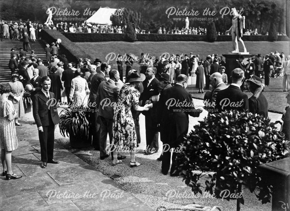 10th Duke and Duchess of Devonshire meeting guests at reception on occasion of becoming 10th Duke, 1