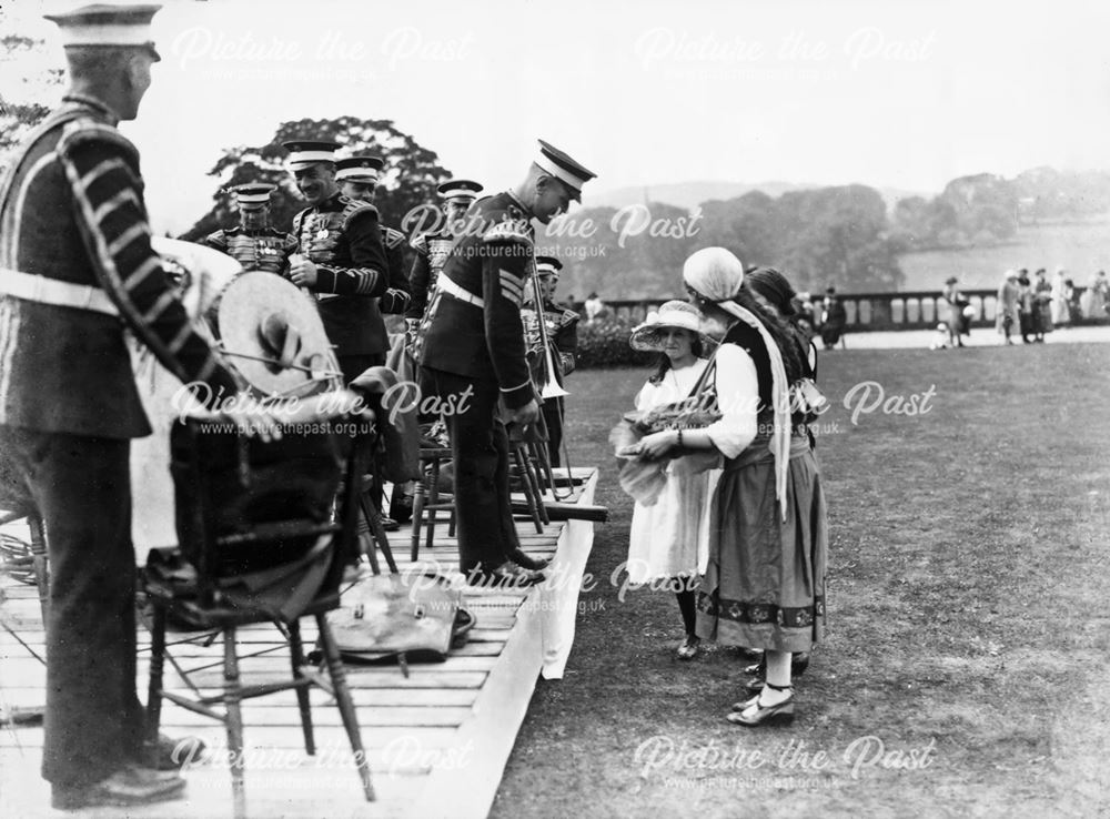 Bandsmen and trinket sellers at Garden Fete, Chatsworth House, 1922