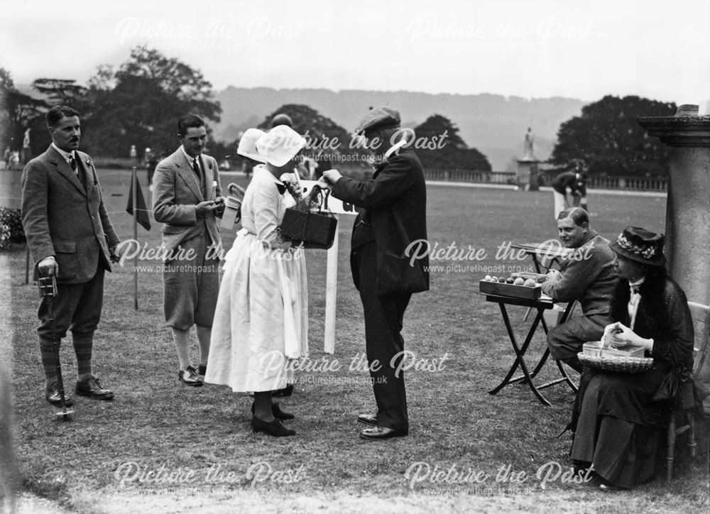 9th Duke with estate staff and a stall holder at Garden Fete, Chatsworth House. 1922