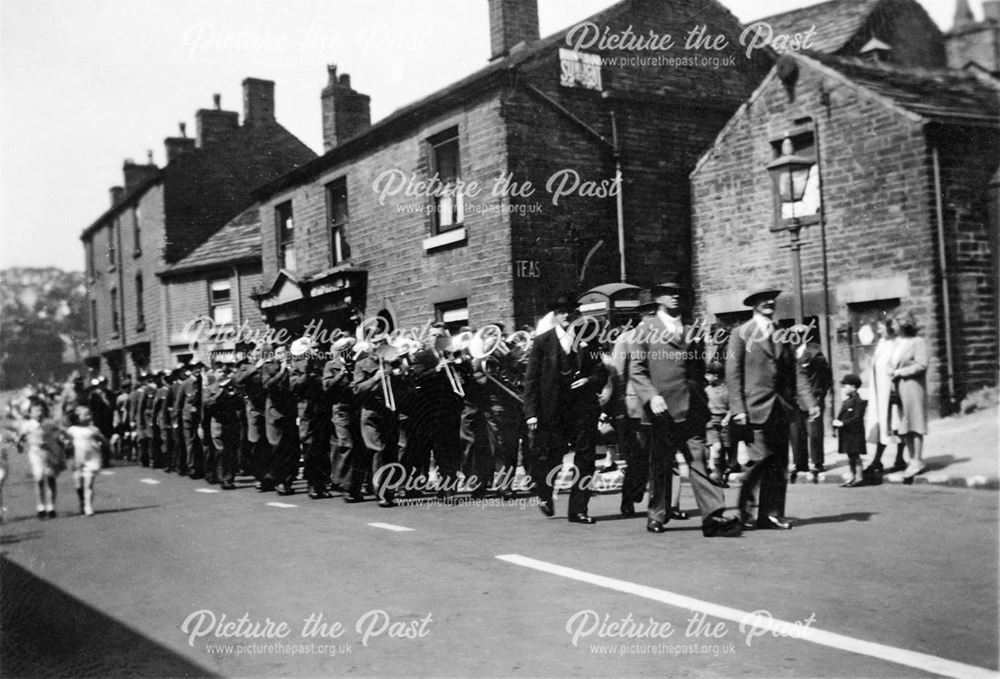 Marching Brass Band, Market Street, Hayfield, 1950s