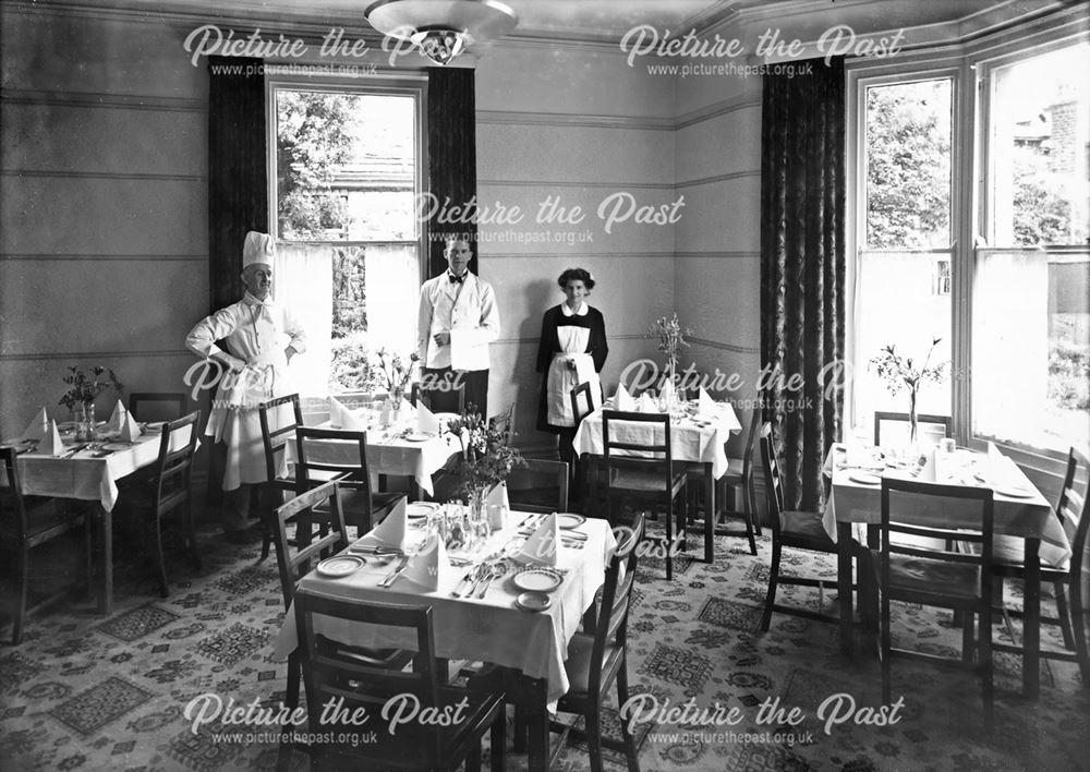 Chef, Waiter and Waitress in the Dining Room, Egerton Hotel, St. John's Road, Buxton, 1932
