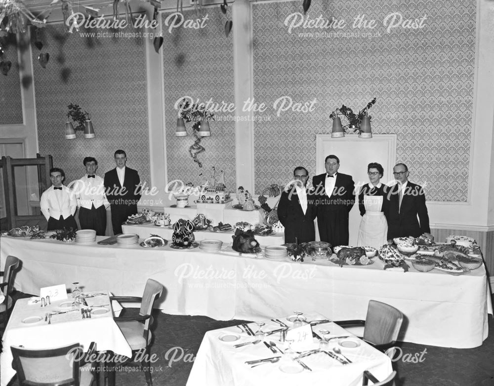 Staff, Christmas Day buffet, St Anne's Hotel, The Crescent, Buxton, 1960