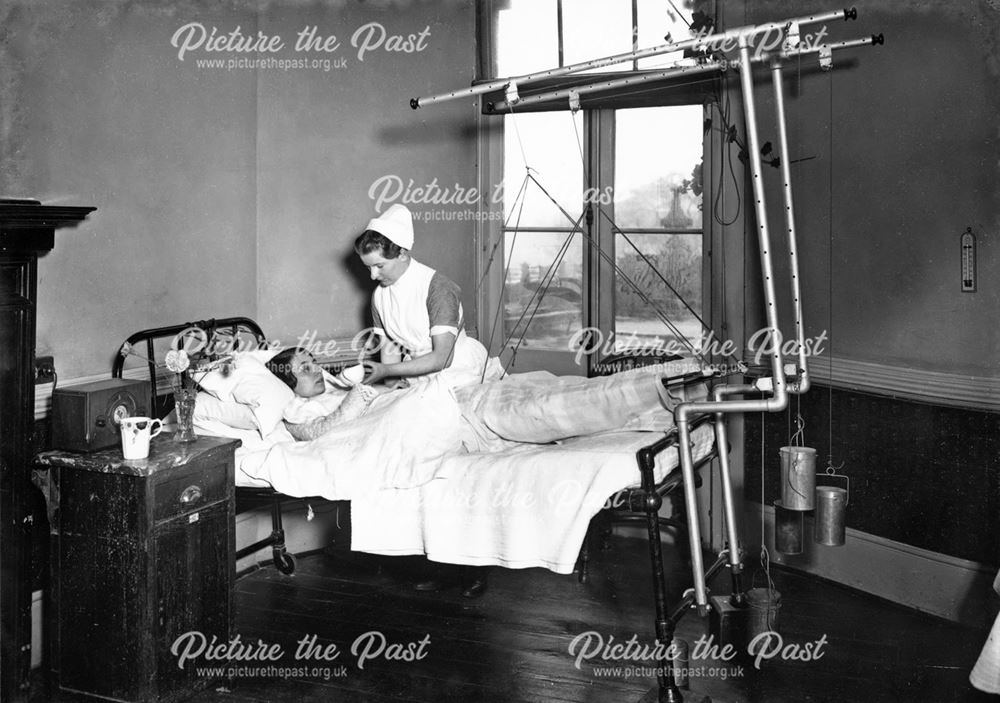 Patient Being Nursed in Bed Under Traction, Devonshire Royal Hospital, Devonshire Road, Buxton, 1936