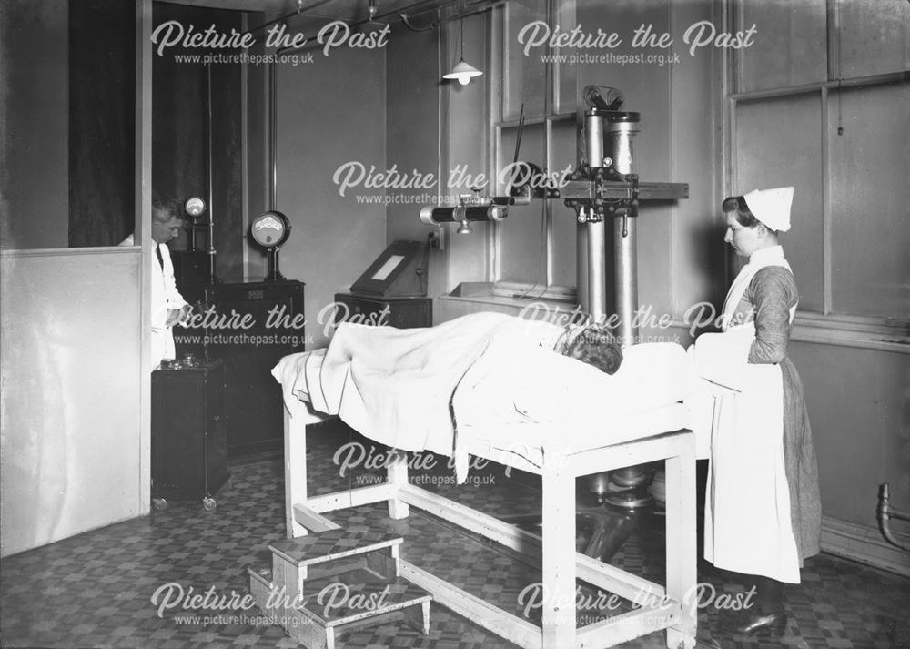 X-ray machine in use, Devonshire Royal Hospital, Devonshire Road, Buxton, 1936                      