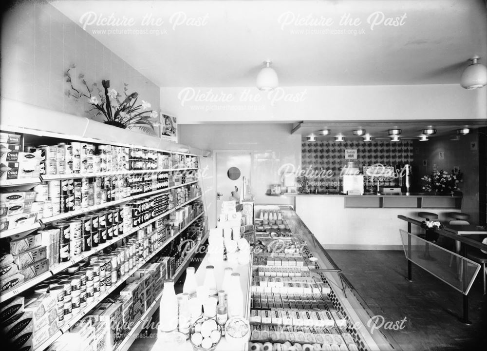 Grocery Counter at Morten's Dairies, Fairfield, Buxton, c 1960                                      