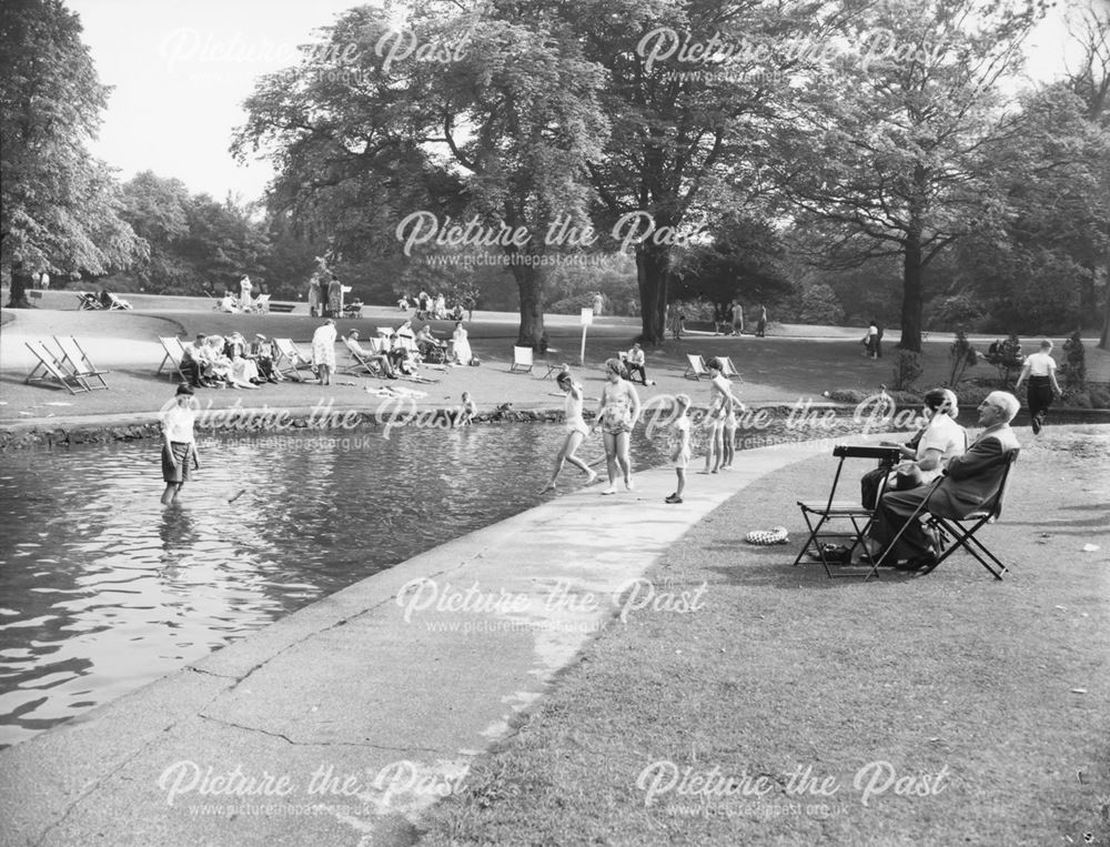 Children paddling in River Wye, Pavilion Gardens, Buxton, c 1959