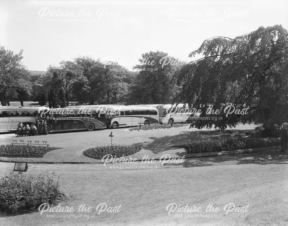 Coach parties, Pavilion Gardens, Buxton, c 1960