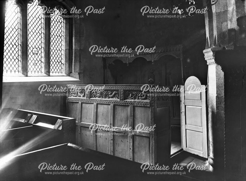 Charles Cotton's pew in church, Alstonfield, Staffordshire, c 1930s