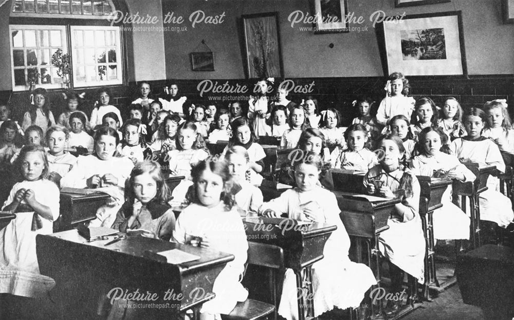 Creswell Infant School sewing class, Elmton Road, Creswell, c 1920