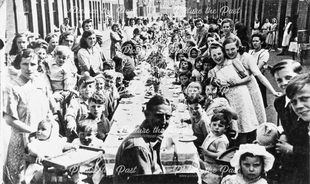 World War 2 street party celebration for VE Day, Devonshire Street, near Shirebrook, 1945