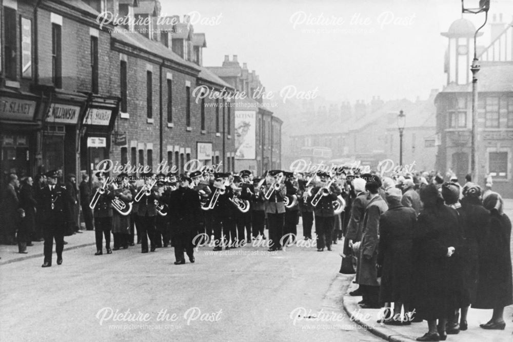 Shirebrook Band leading the funeral procession for John Edward Harris, 1955