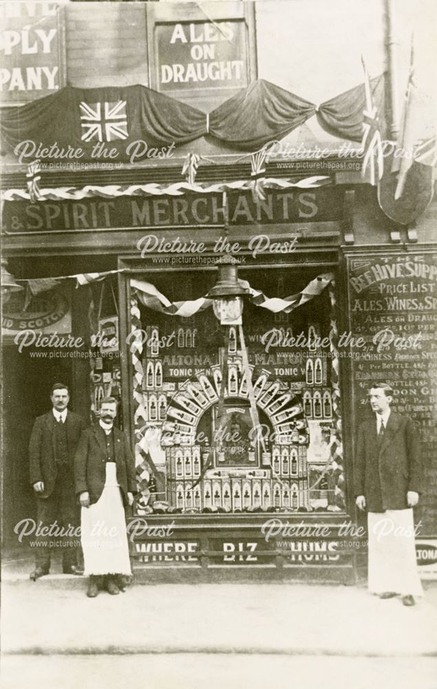 The Beehive Supply Company shop front and staff, Station Road, Shirebrook, c 1911 ?