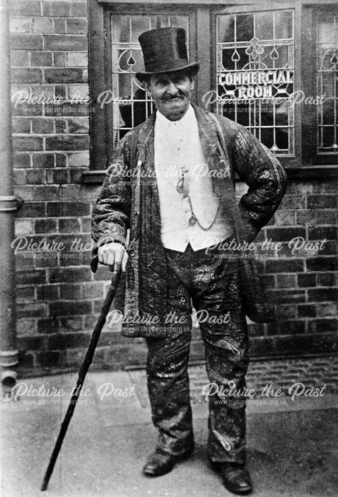 Lewis Shinfield outside 'Commercial room' of the Station Hotel, Creswell, 1898.